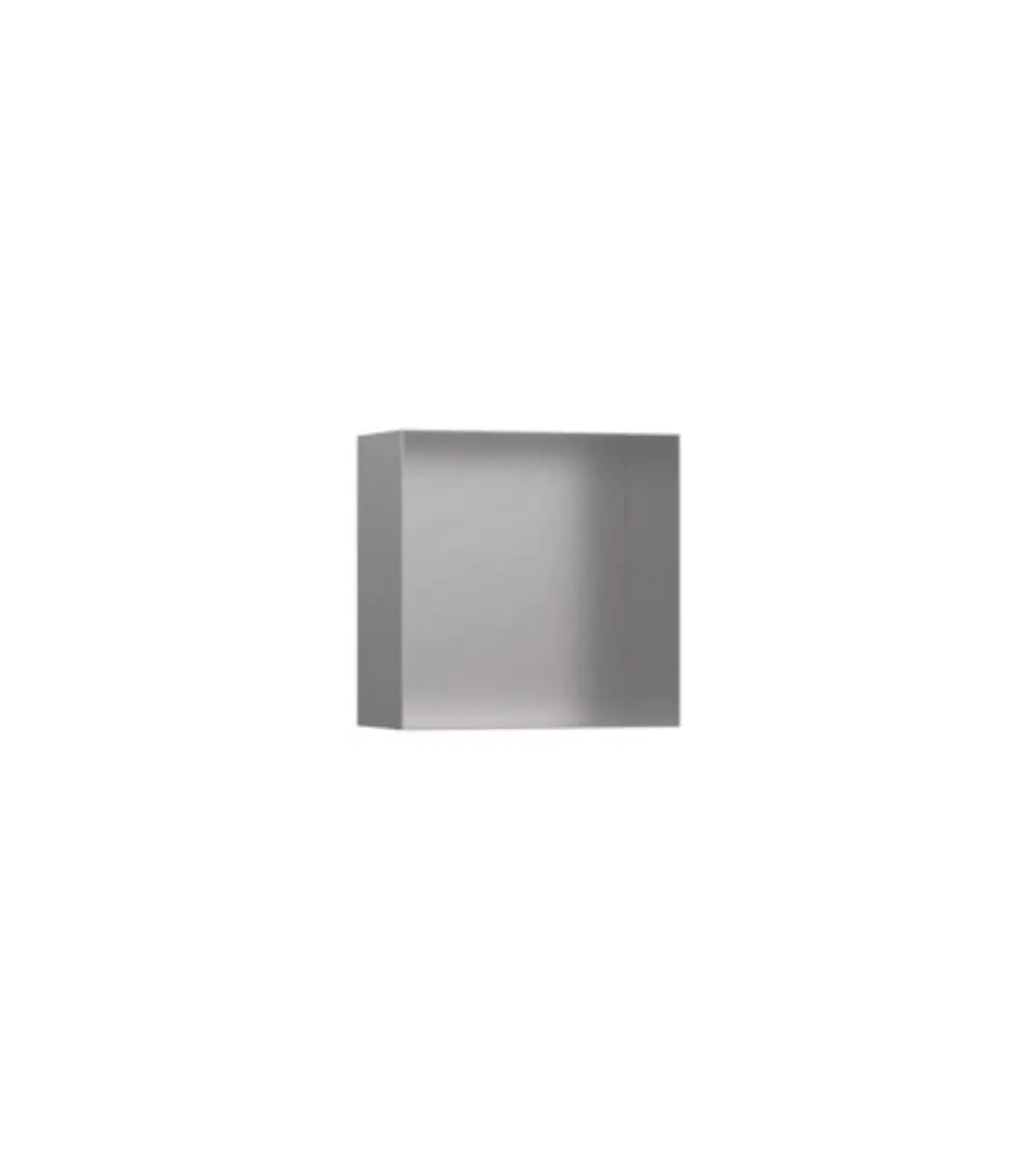 Rahmenlose Wandnische aus Edelstahl mit gebürsteter Oberfläche. Das Produkt von Hansgrohe zeigt eine praktische, minimalistische Gestaltung für Wandinstallationen.